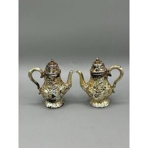 Antique Silver Plate #376 Teapot Salt and Pepper Shakers with Scrollwork